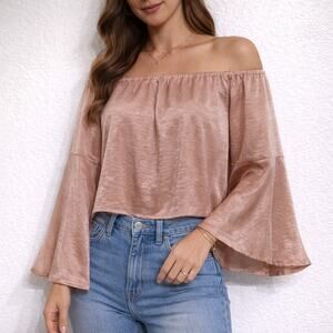 Favlux Blush Satin Off Shoulder Bell Sleeve Crop Blouse Sz S
